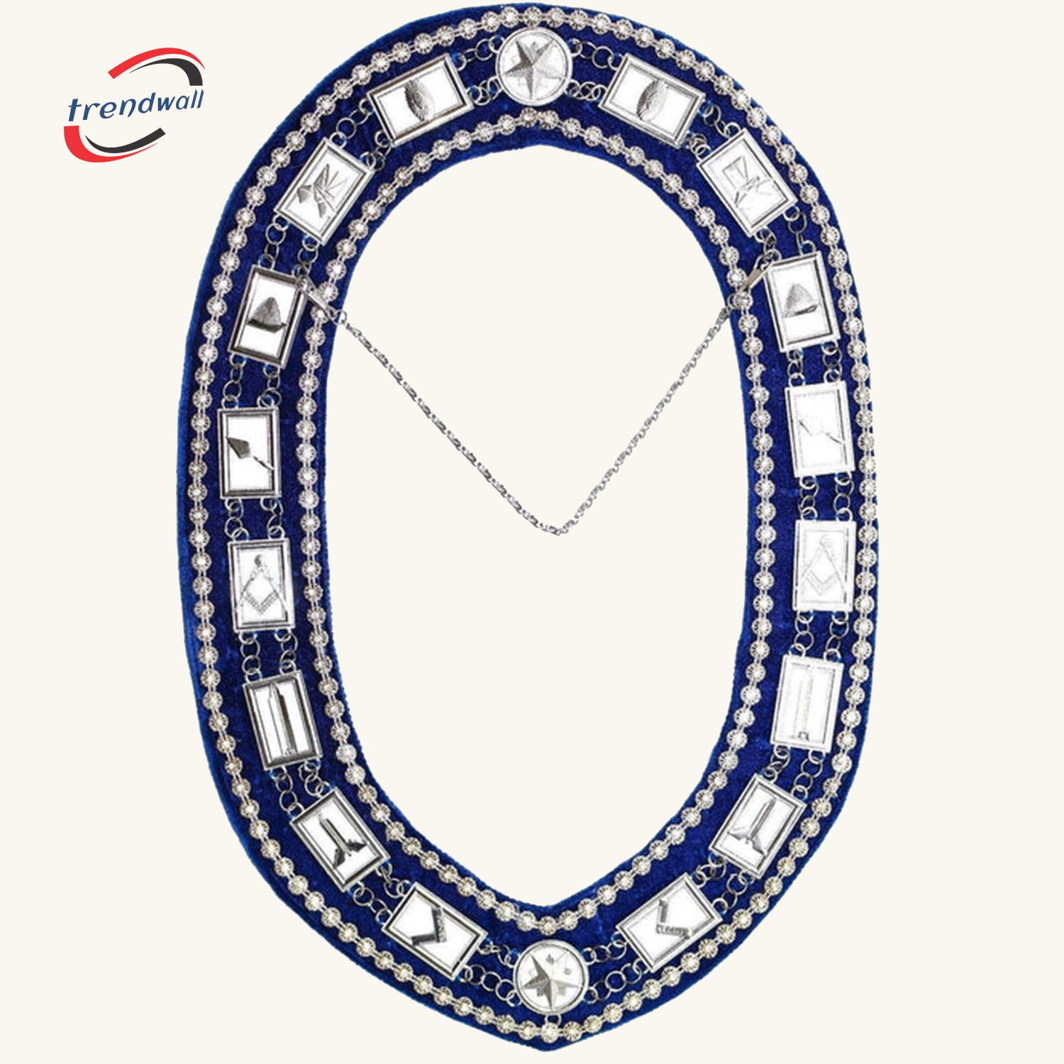 BLUE LODGE CHAIN COLLAR - SILVER PLATED WITH RHINESTONES ON BLUE VELVET