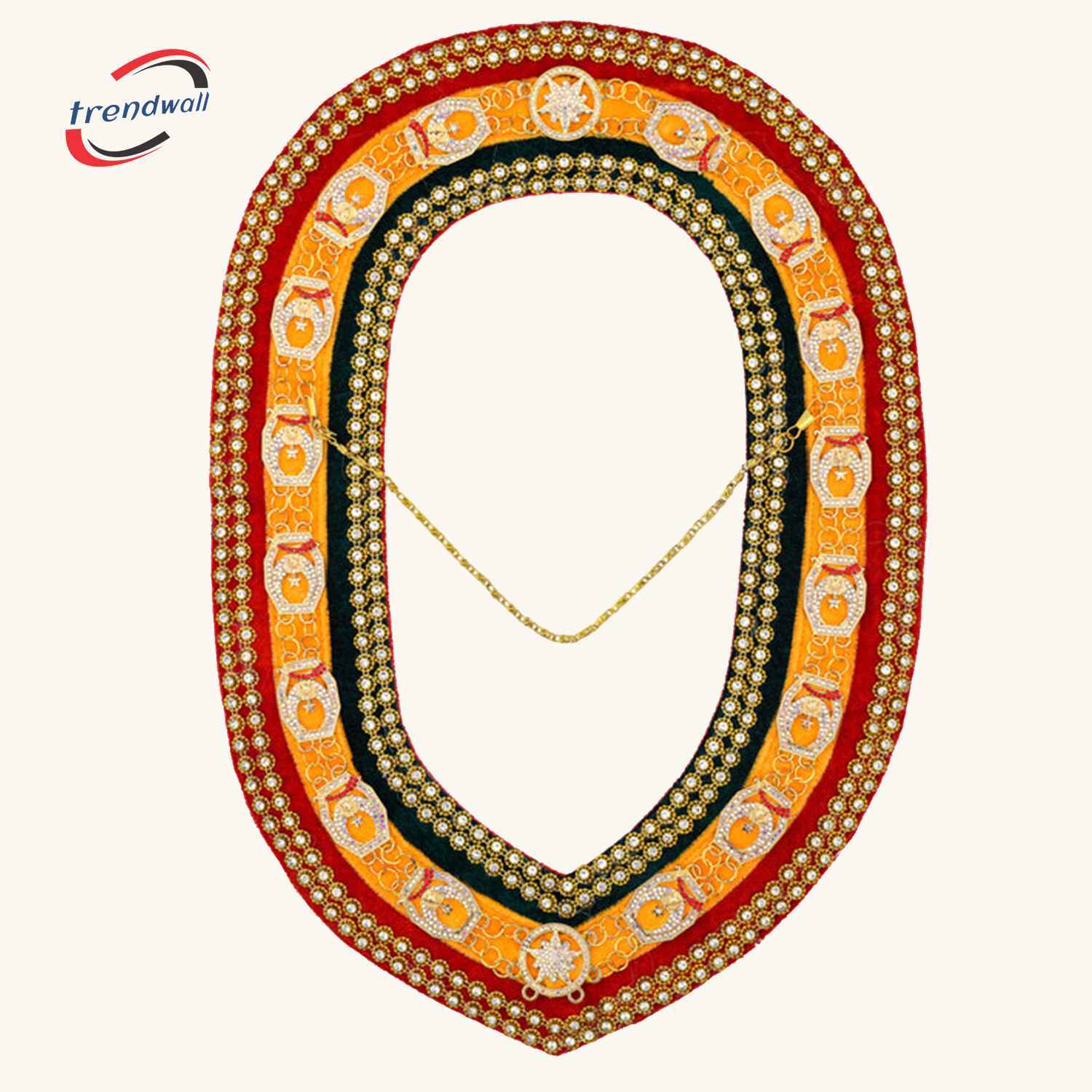 Shriners Chain Collar - Tricolor Backing with Gold Rhinestones