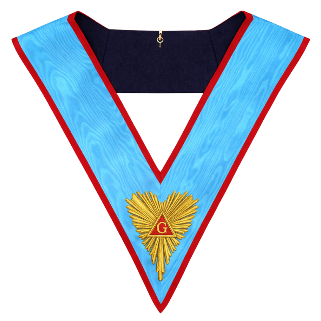 Officer Memphis Misraim French Regulation Collar in sky blue moiré, featuring fine hand embroidery for Masonic rituals.