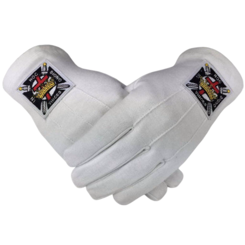 Knights Templar Commandery Gloves - White Cotton + Embroidered Emblem