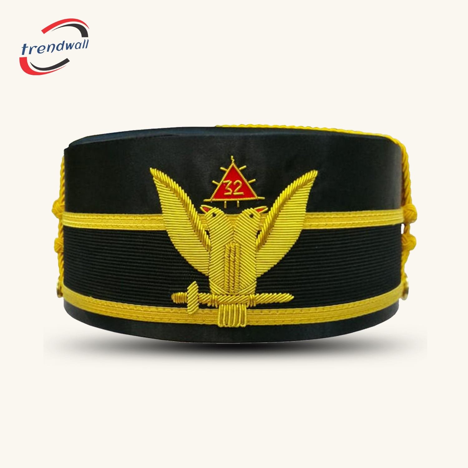 32nd Degree Scottish Rite Crown Cap, Wings Up Black-Gold Braid Bullion