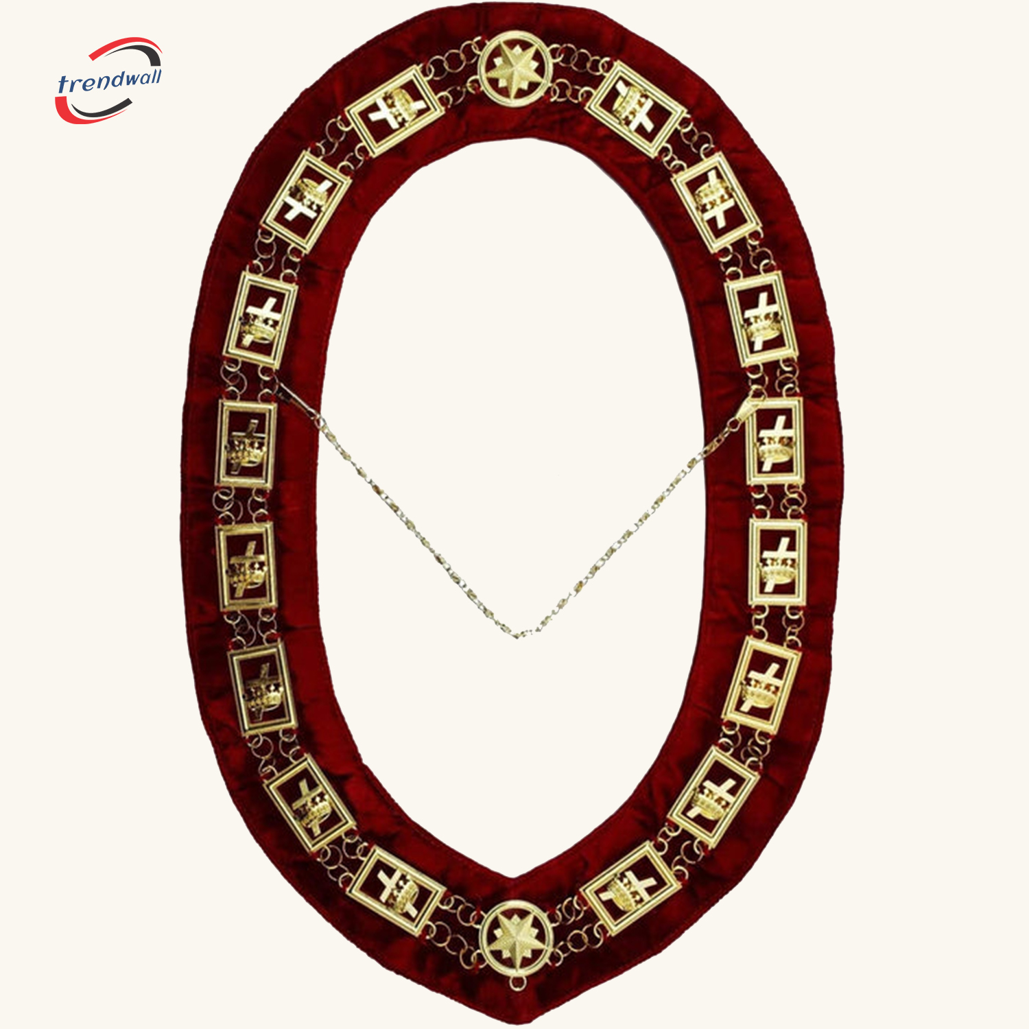 Knights Templar Commandery Chain Collar Gold Plated on Burgundy Velvet