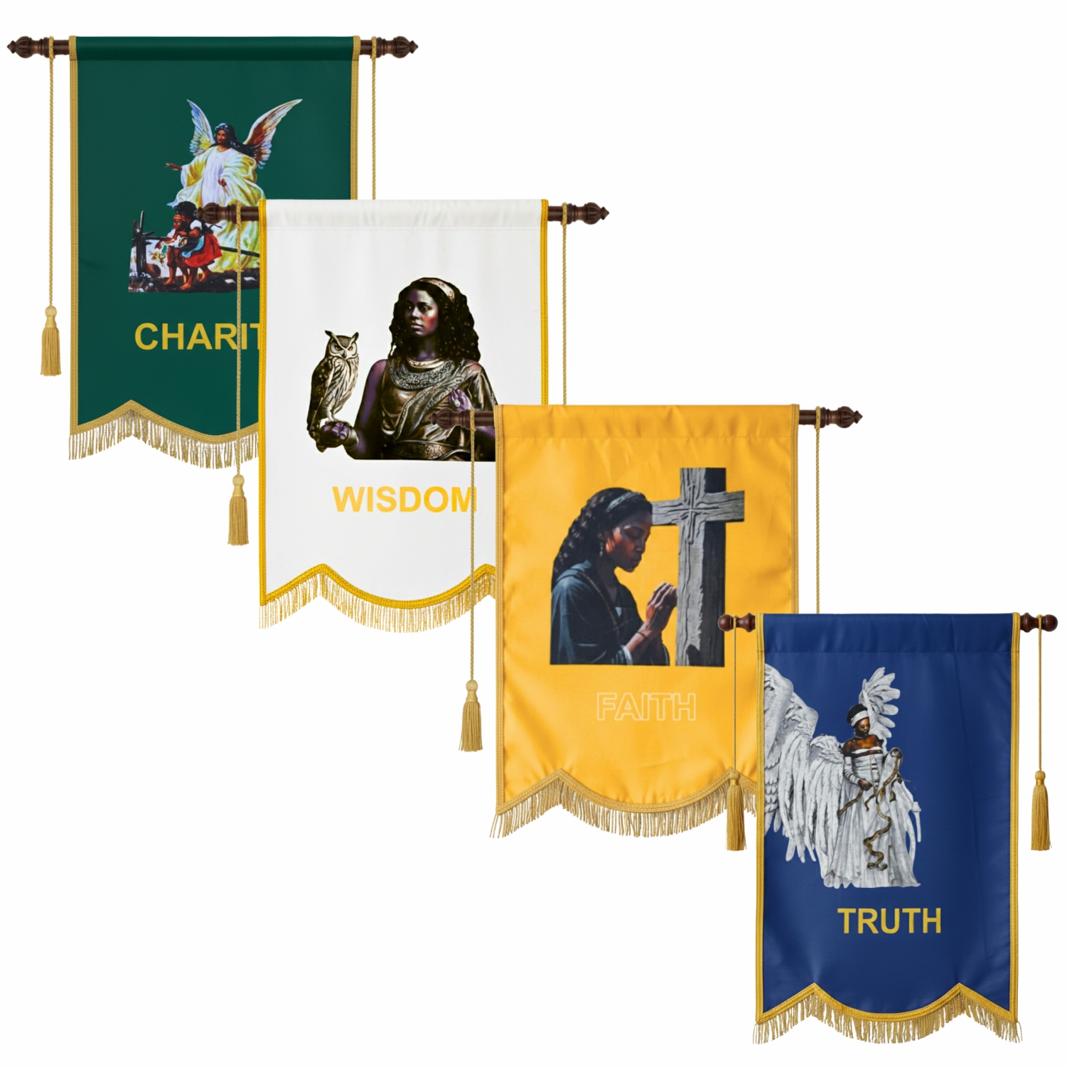 Faith, Charity, Truth, Wisdom Order Of The Amaranth 4 Banners Set