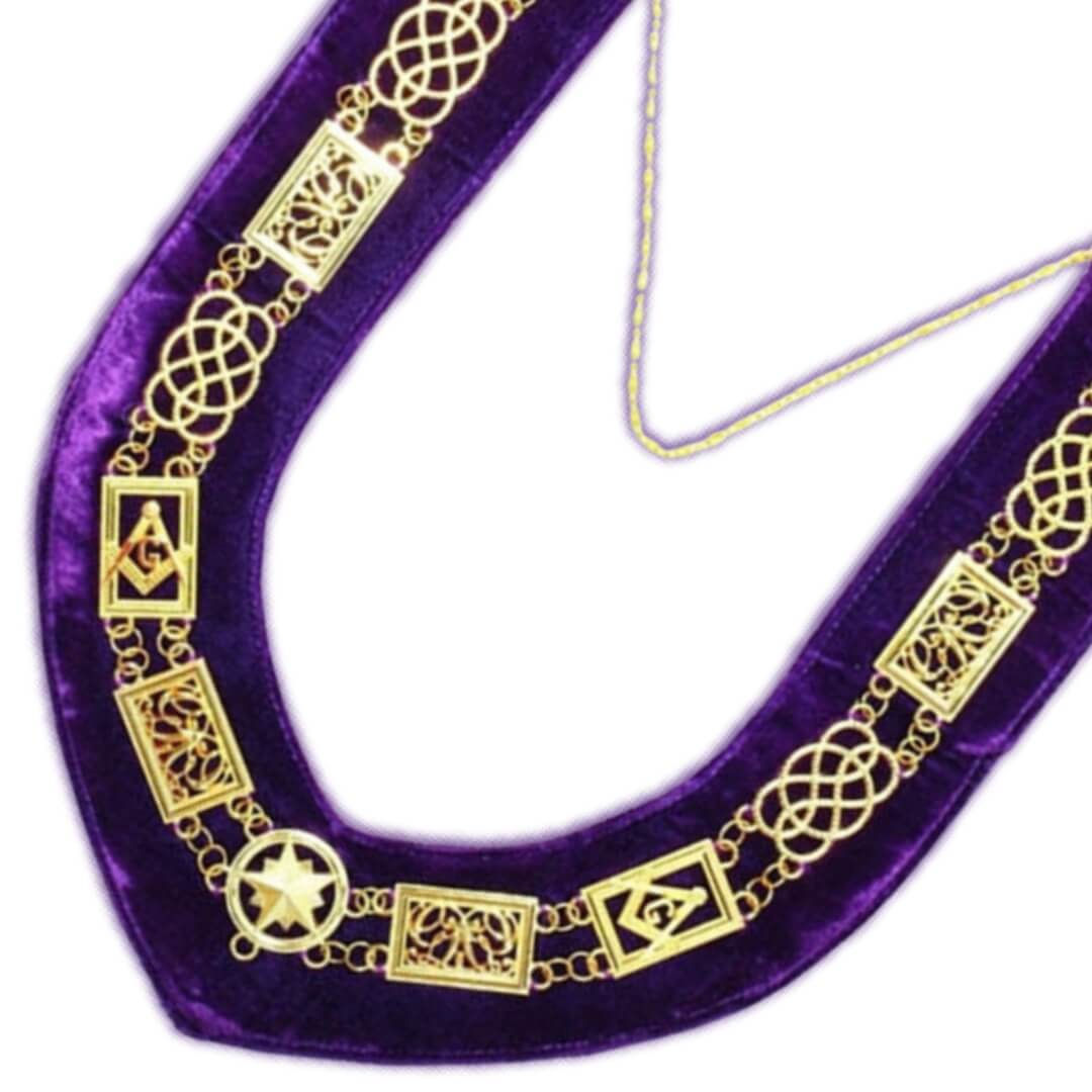 GRAND OFFICERS BLUE LODGE CHAIN COLLAR - GOLD PLATED ON PURPLE VELVET