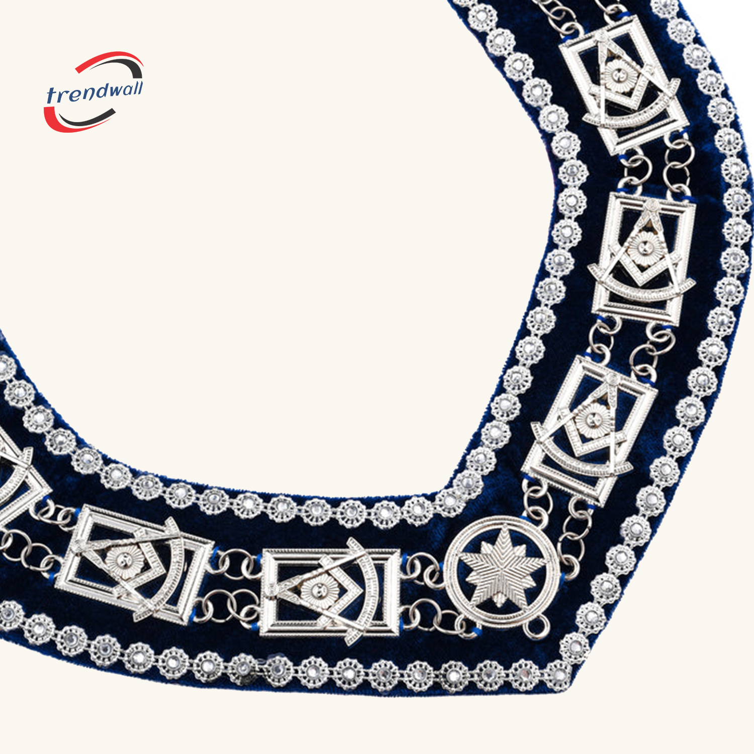 Masonic Past Master Blue Lodge Chain Collar Blue Velvet with Rhinestones