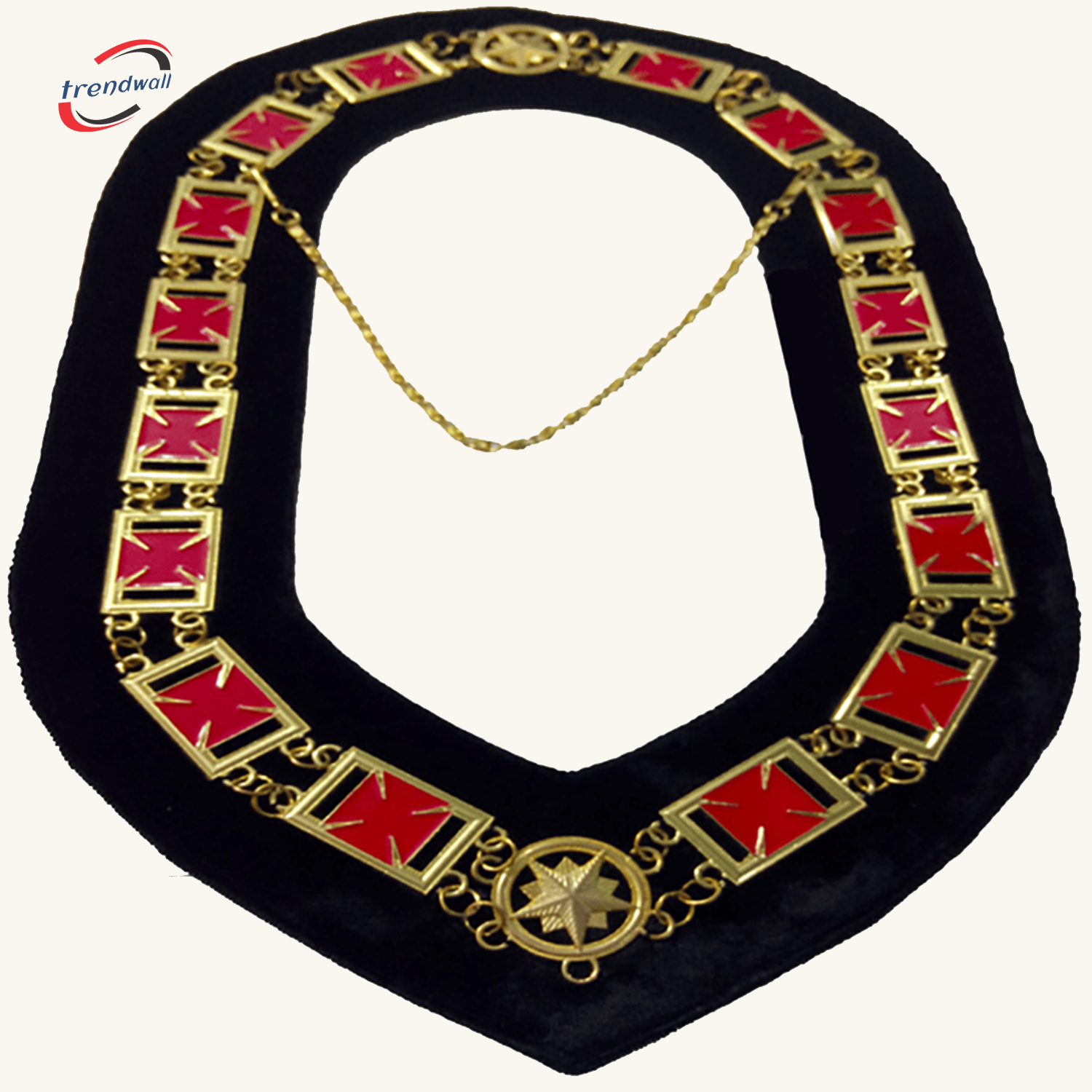 Knights Templar Commandery Chain Collar Gold Plated with Red Stone