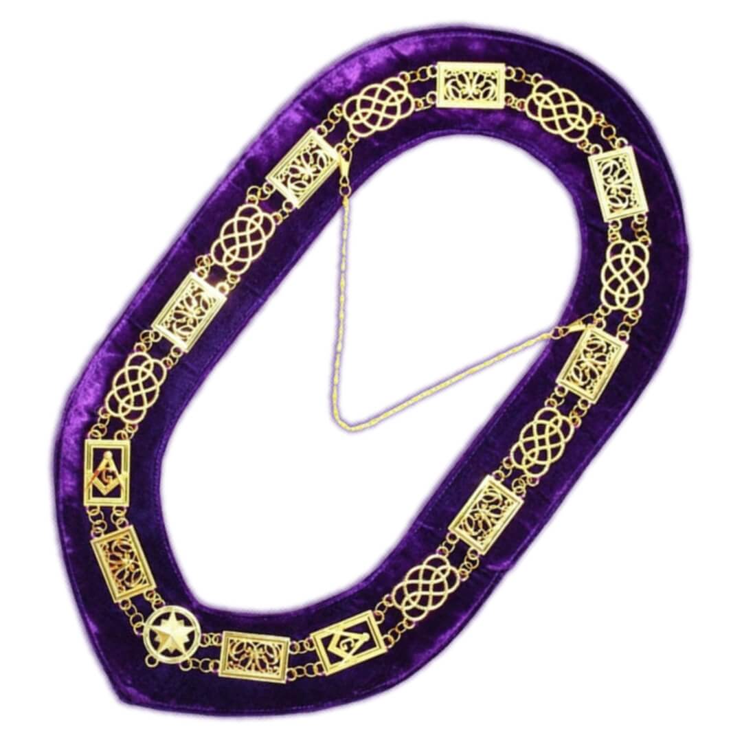GRAND OFFICERS BLUE LODGE CHAIN COLLAR - GOLD PLATED ON PURPLE VELVET