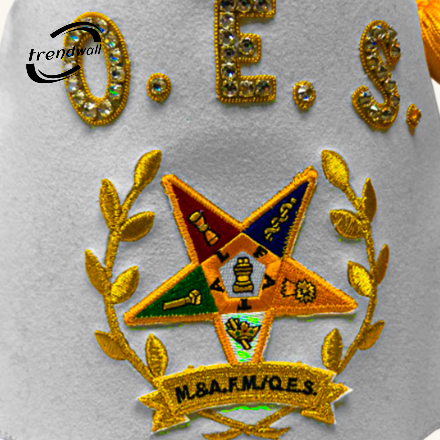 OES Custom Fez with Yellow Wreath & Custom Details Tag in Rhinestones
