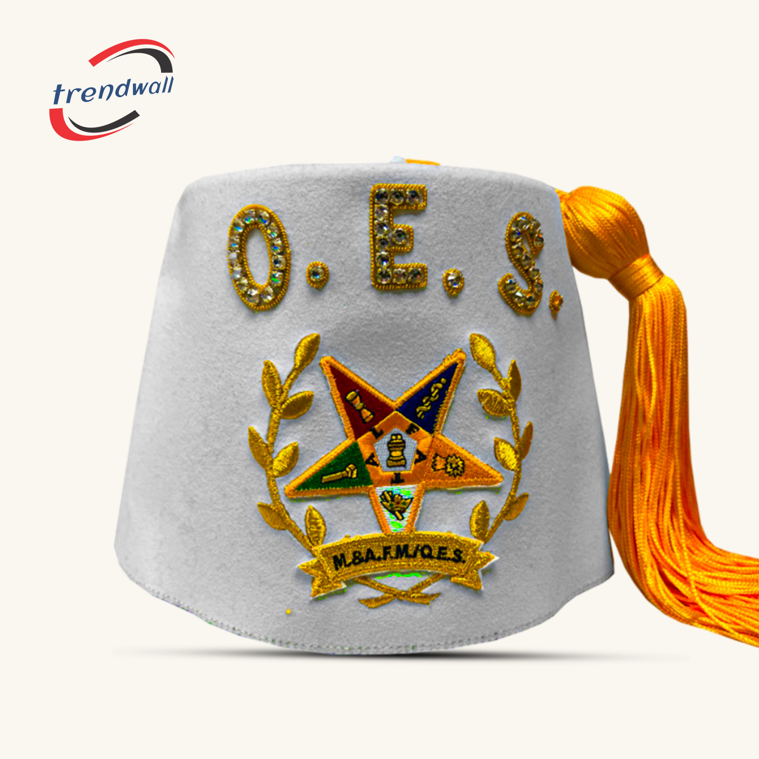 OES Custom Fez with Yellow Wreath & Custom Details Tag in Rhinestones