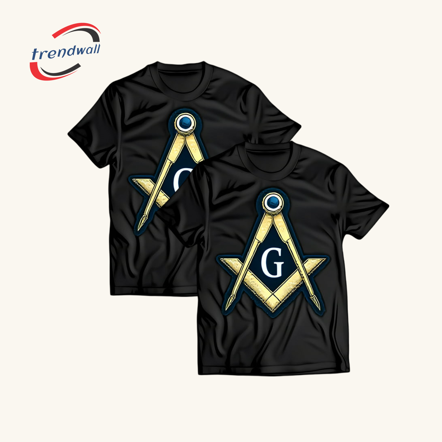 Black Masonic T-Shirt – Gold & Blue Square Symbol Graphic Design