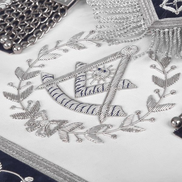 Grand Past Master Blue Lodge Apron - Blue Velvet + Silver Rayon Fringe