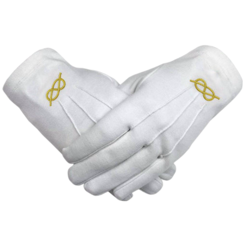 Masonic Gloves - White Cotton with Golden Knot Machine Embroidery