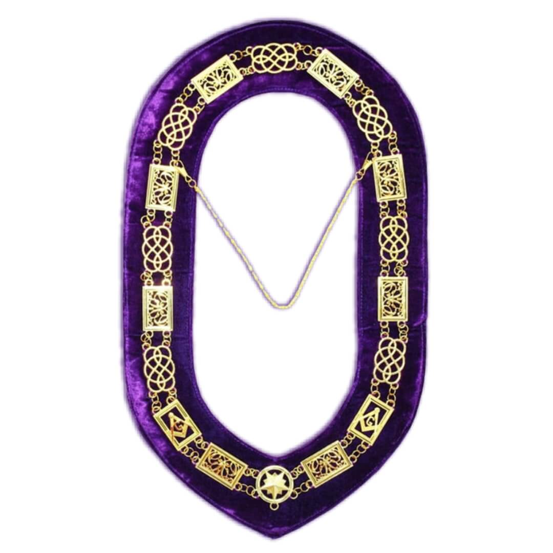 GRAND OFFICERS BLUE LODGE CHAIN COLLAR - GOLD PLATED ON PURPLE VELVET