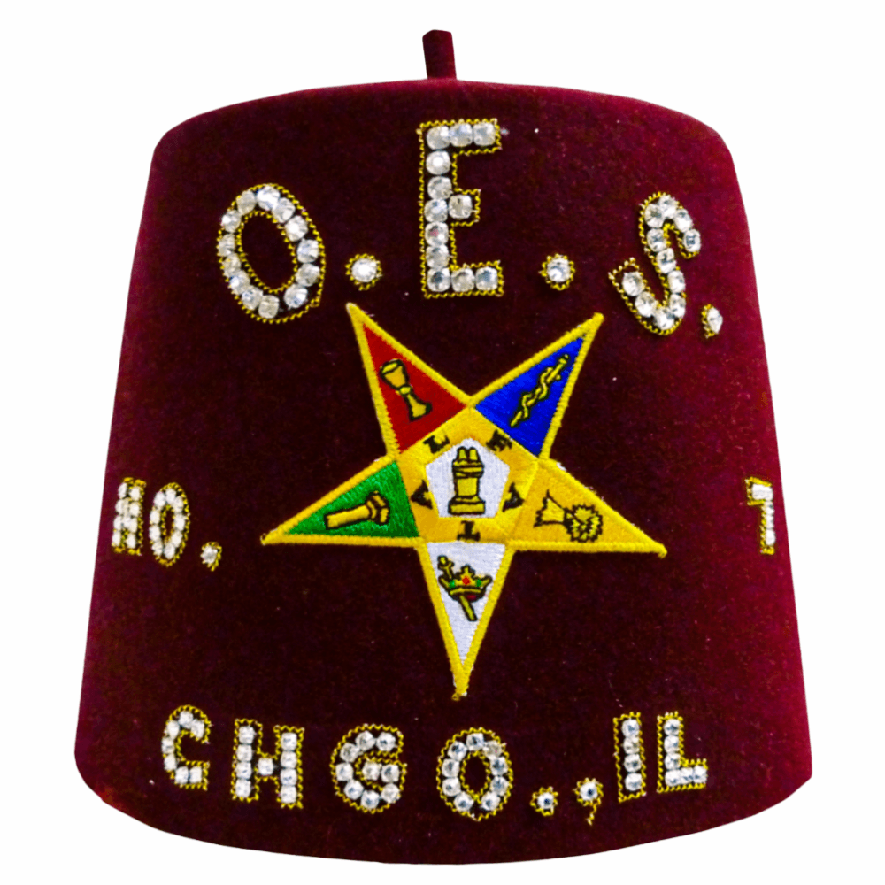 Masonic OES Burgundy Fez with Custom Rhinestone Details