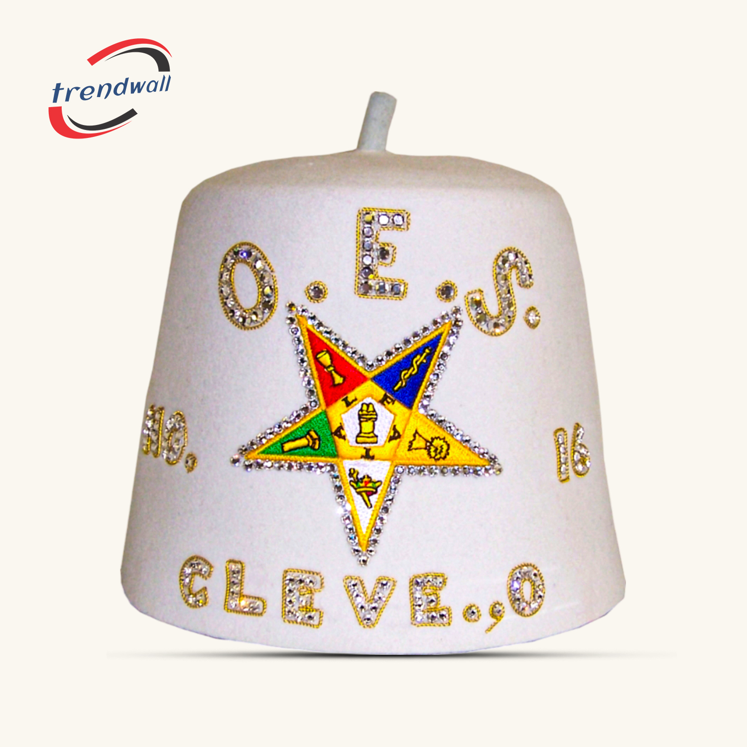 OES Pure White Fez with Bottom Custom Details & Rhinestone Star Border