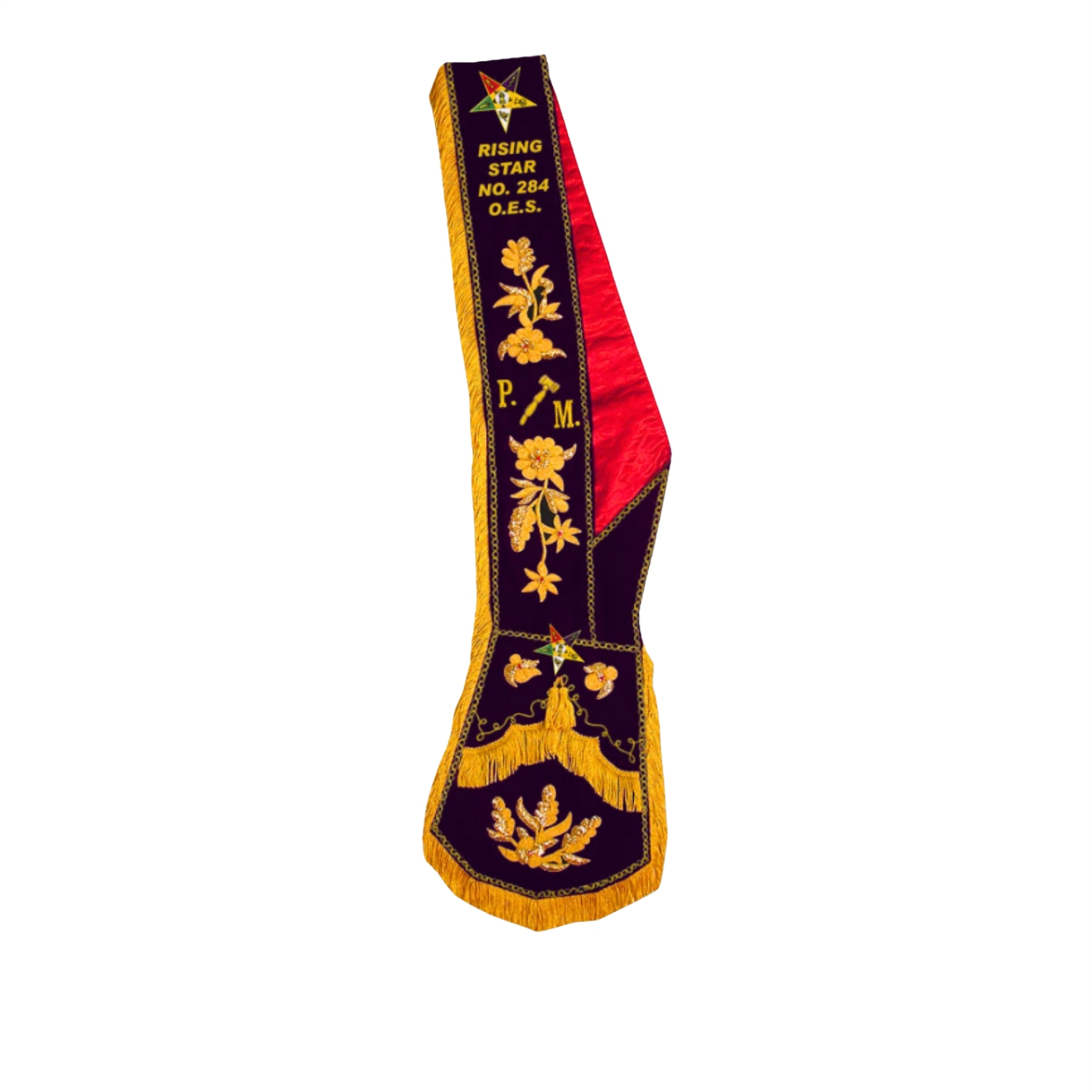 Past Matron OES Dress Sash - Purple Velvet with Premium Bullion Hand Embroidery Work