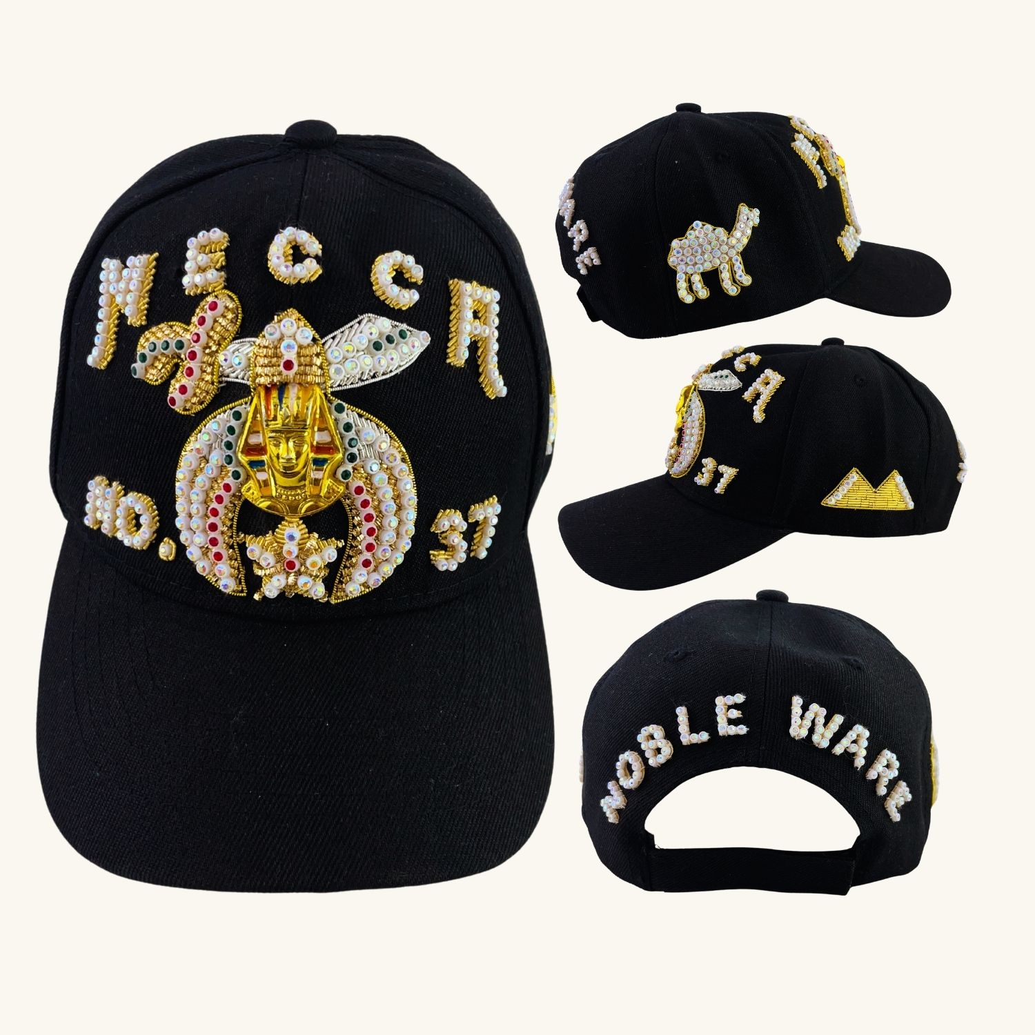Masonic Baseball Cap – Shriners Black Color Cap, Custom Temple Name With Side Emblems