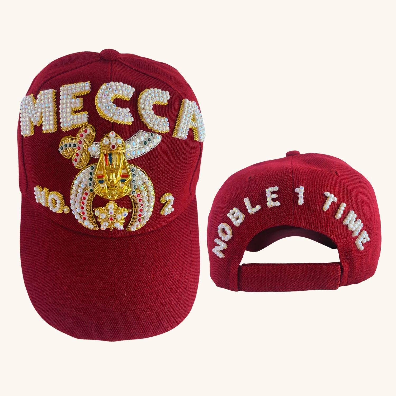 Masonic Shriners Baseball Cap – Triple Row Jewel Custom (MECCA) Temple Name with Side Emblems