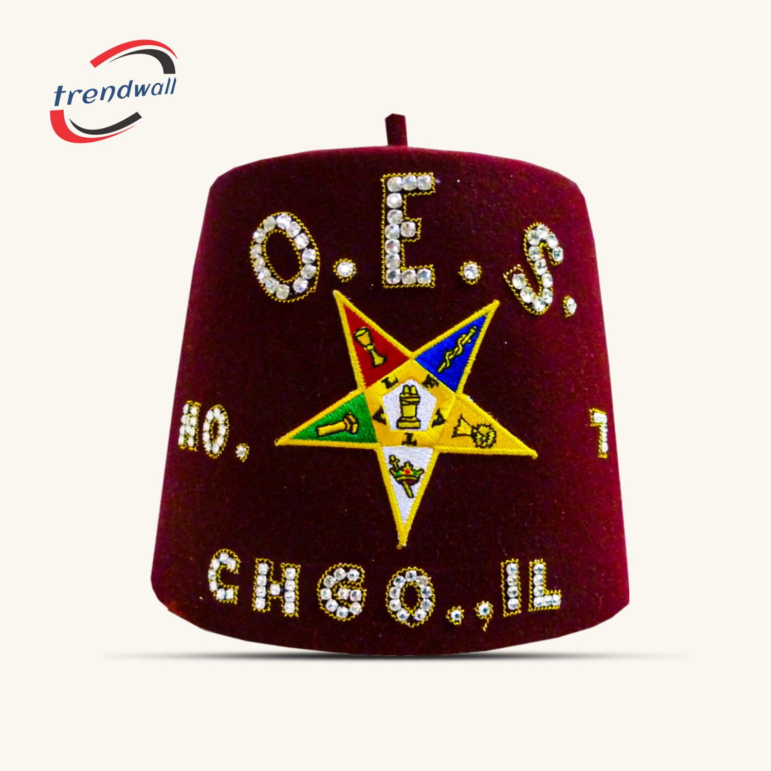 Masonic OES Burgundy Fez with Custom Rhinestone Details