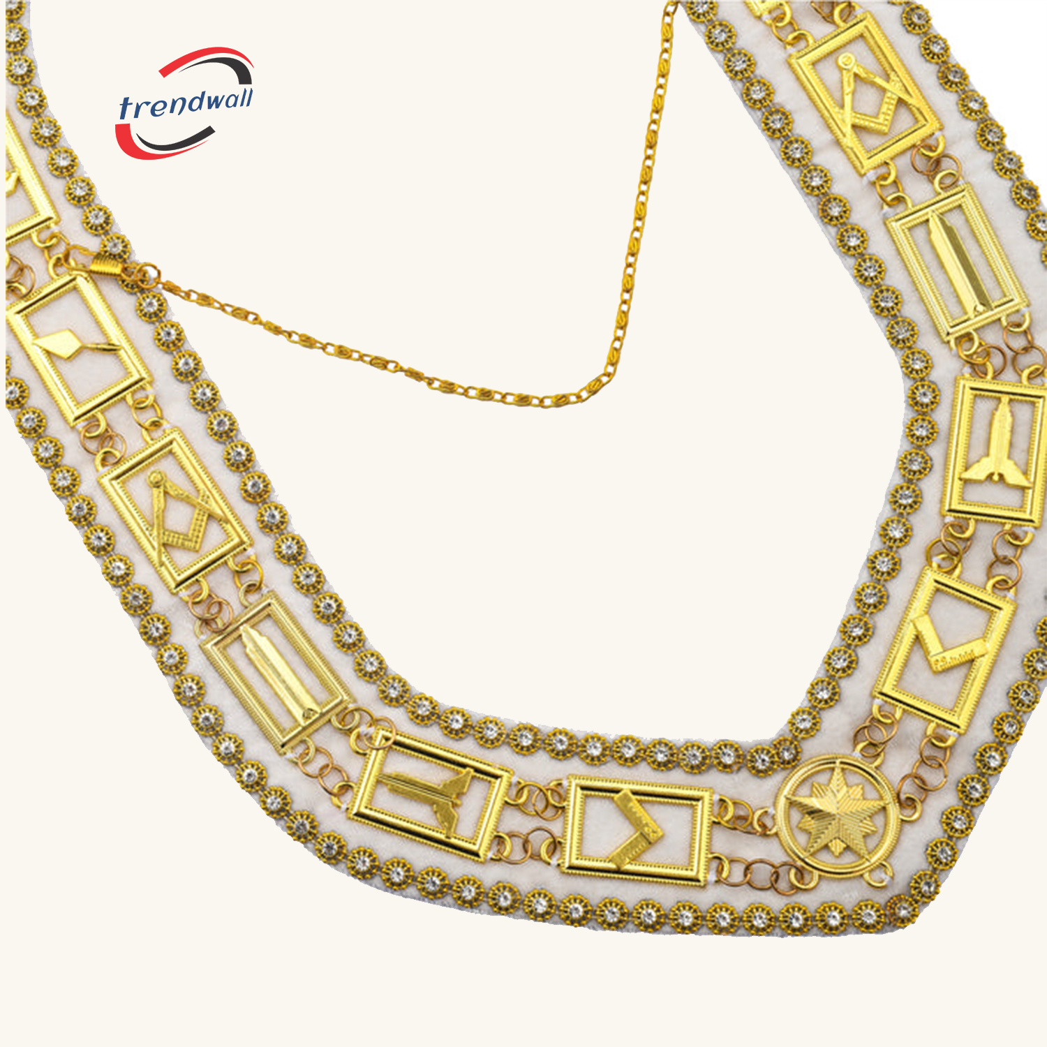 Blue Lodge Chain Collar Gold Plated on White Velvet Rhinestones Braid