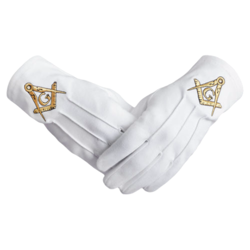 Master Mason Blue Lodge Gloves - Pure Cotton + Gold Square & Compass G