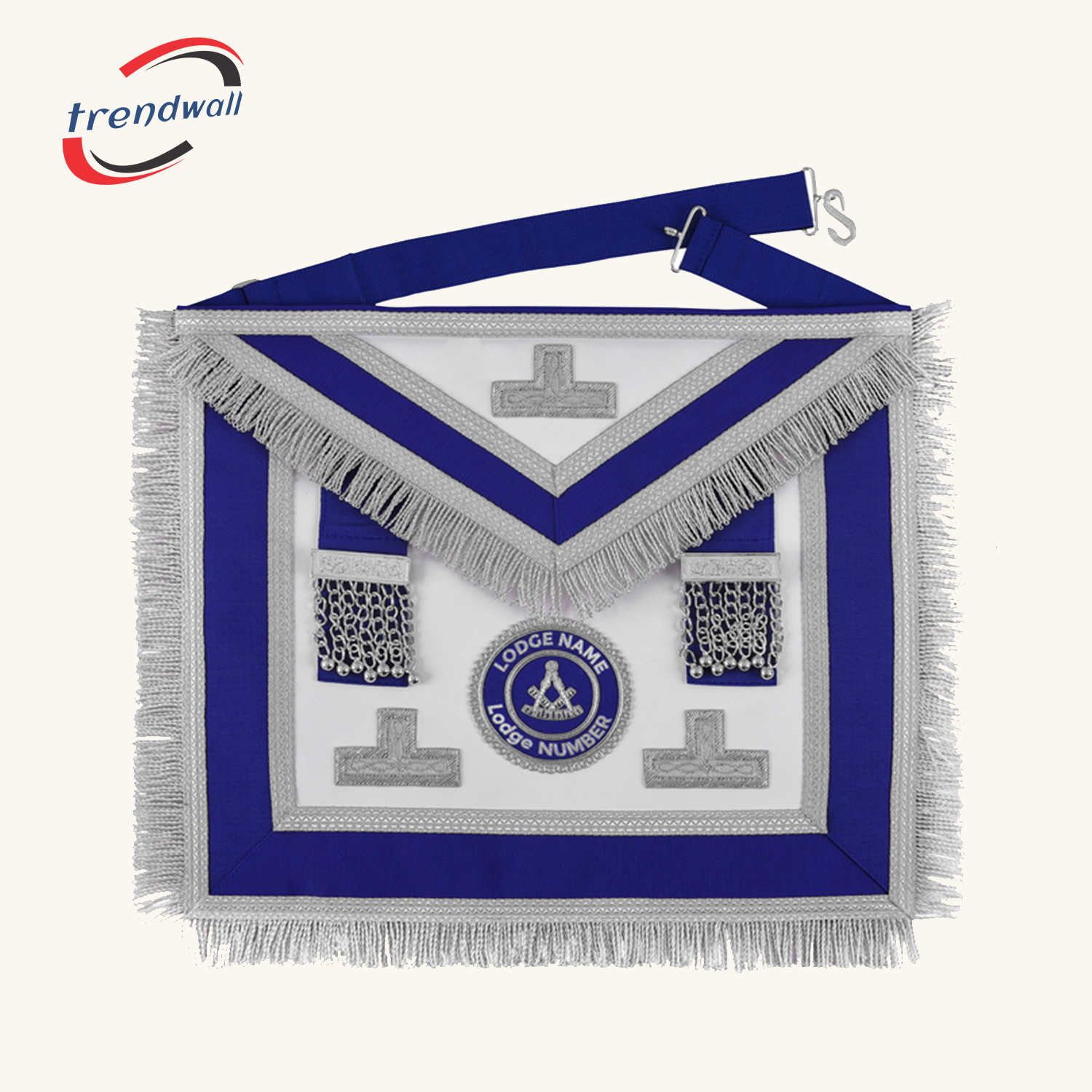 Past Master Blue Lodge Apron - Royal Blue Ribbon With Silver Fringe
