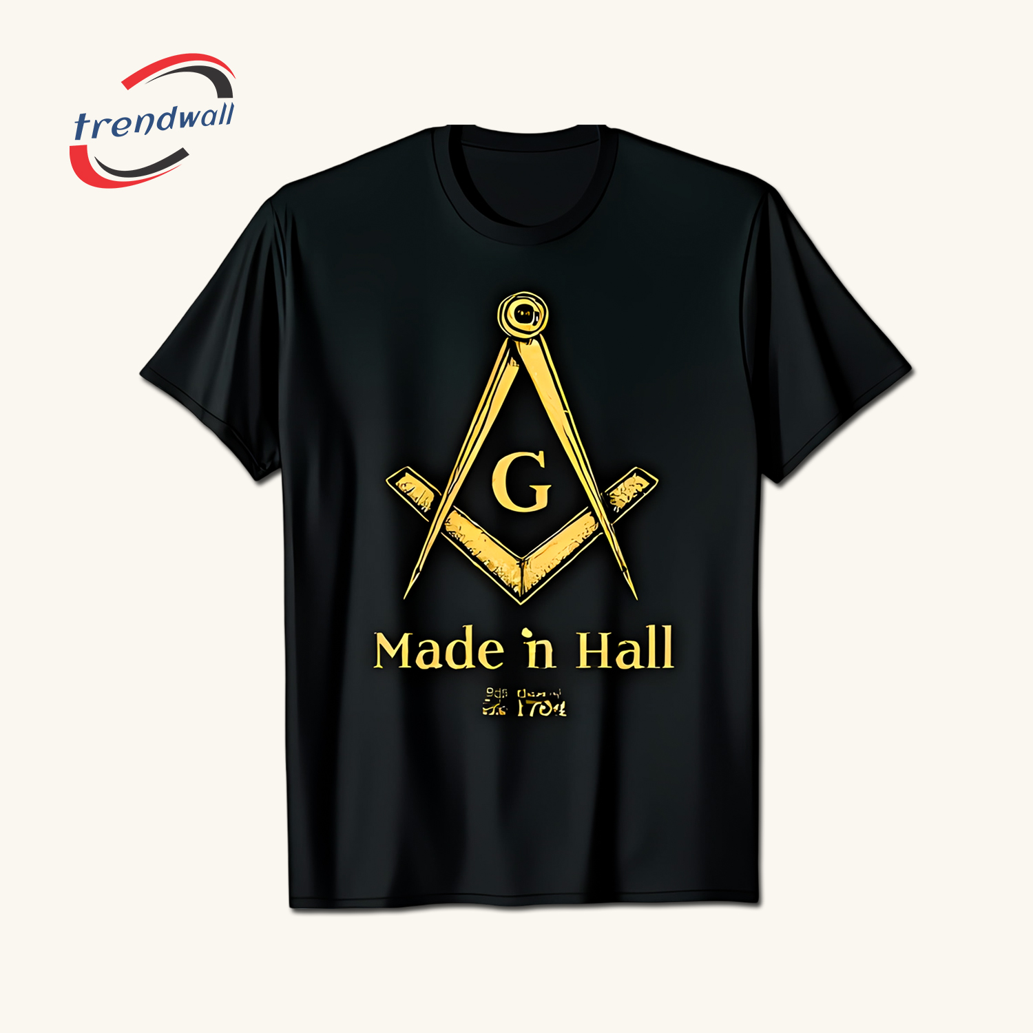 Black Masonic T-Shirt – Gold Compass & Square ‘Made in Hall’ Freemason Design