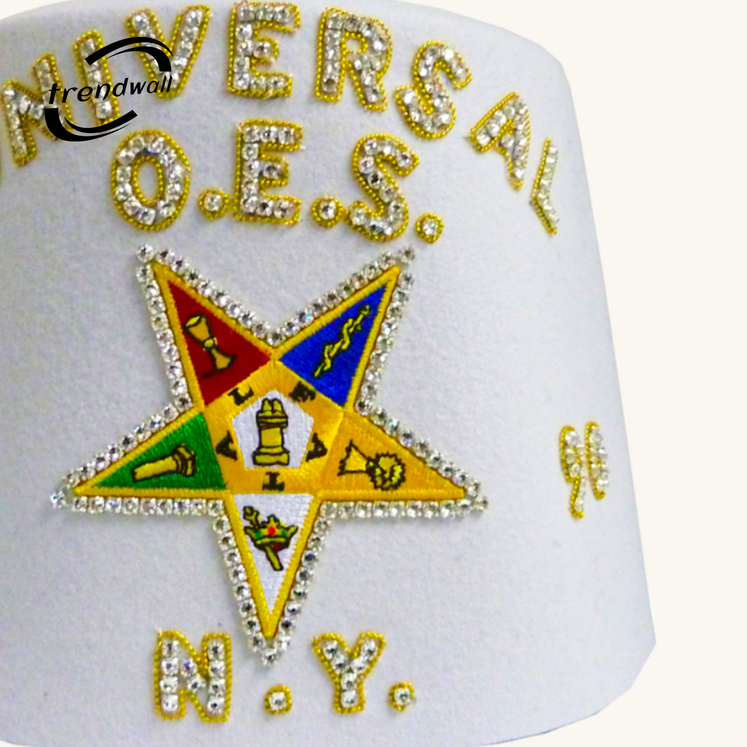 OES Custom Fez with Top 2 Rows Work & Rhinestone Star Border