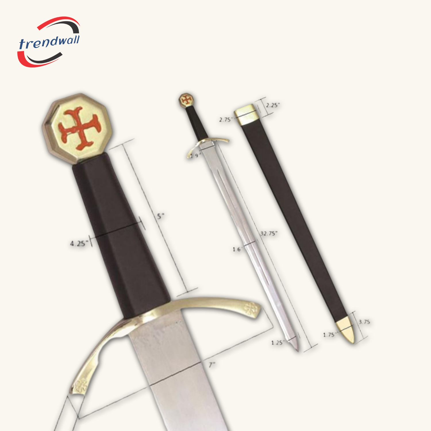 Knights Templar Commandery Sword - Black & Gold Hilt & Red Cross