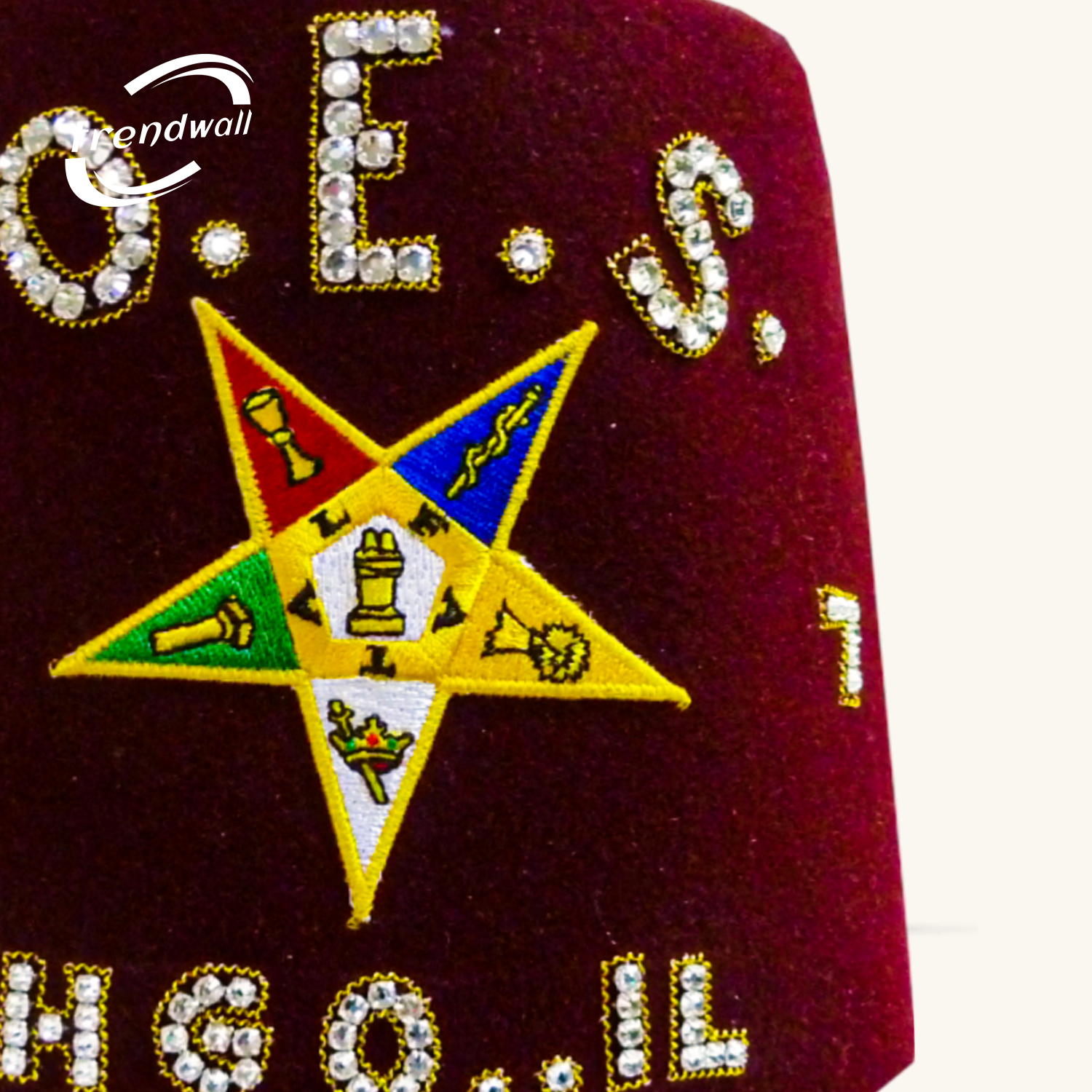 Masonic OES Burgundy Fez with Custom Rhinestone Details