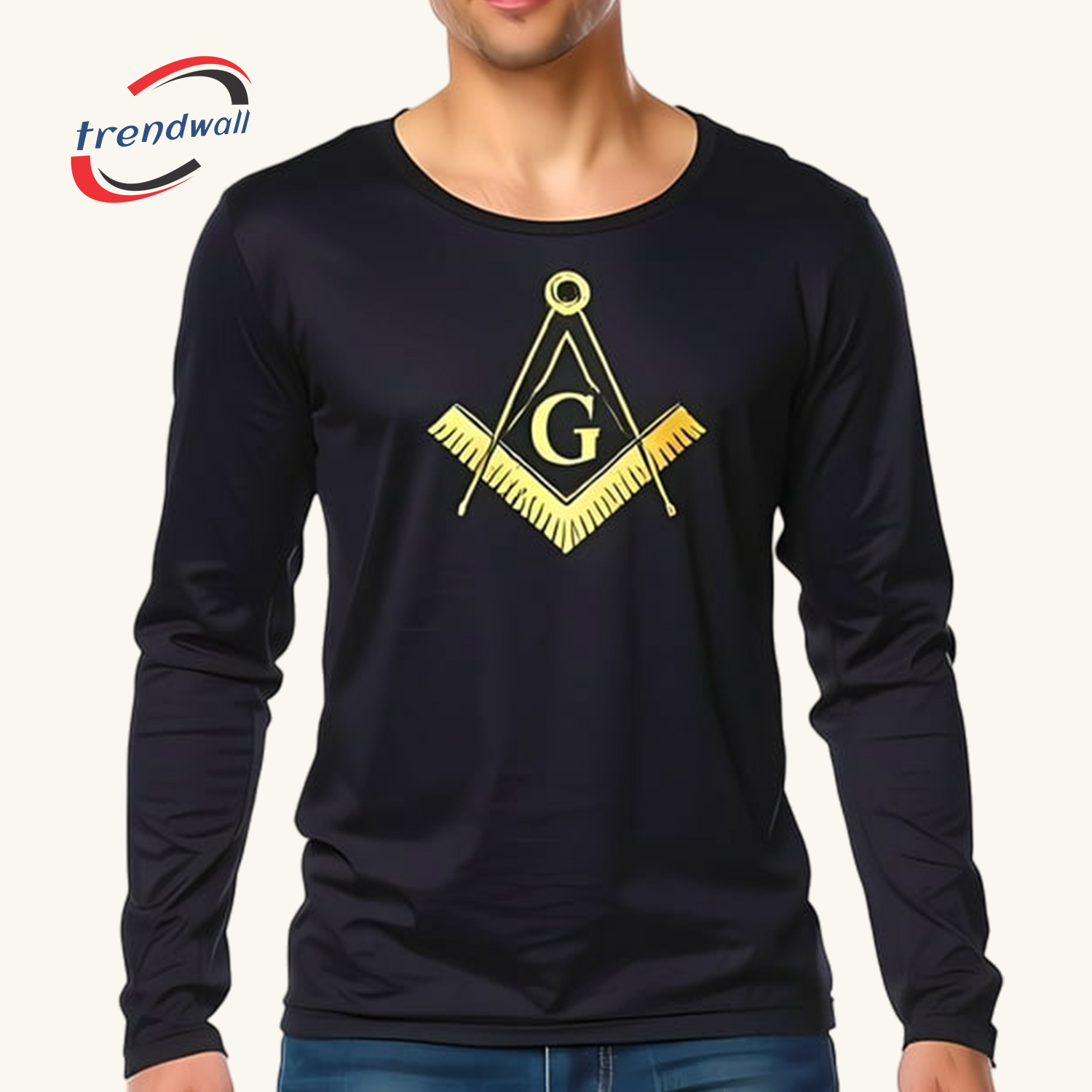 Masonic Men's Long Sleeve Navy Blue T-Shirt with Gold Square and Compasses
