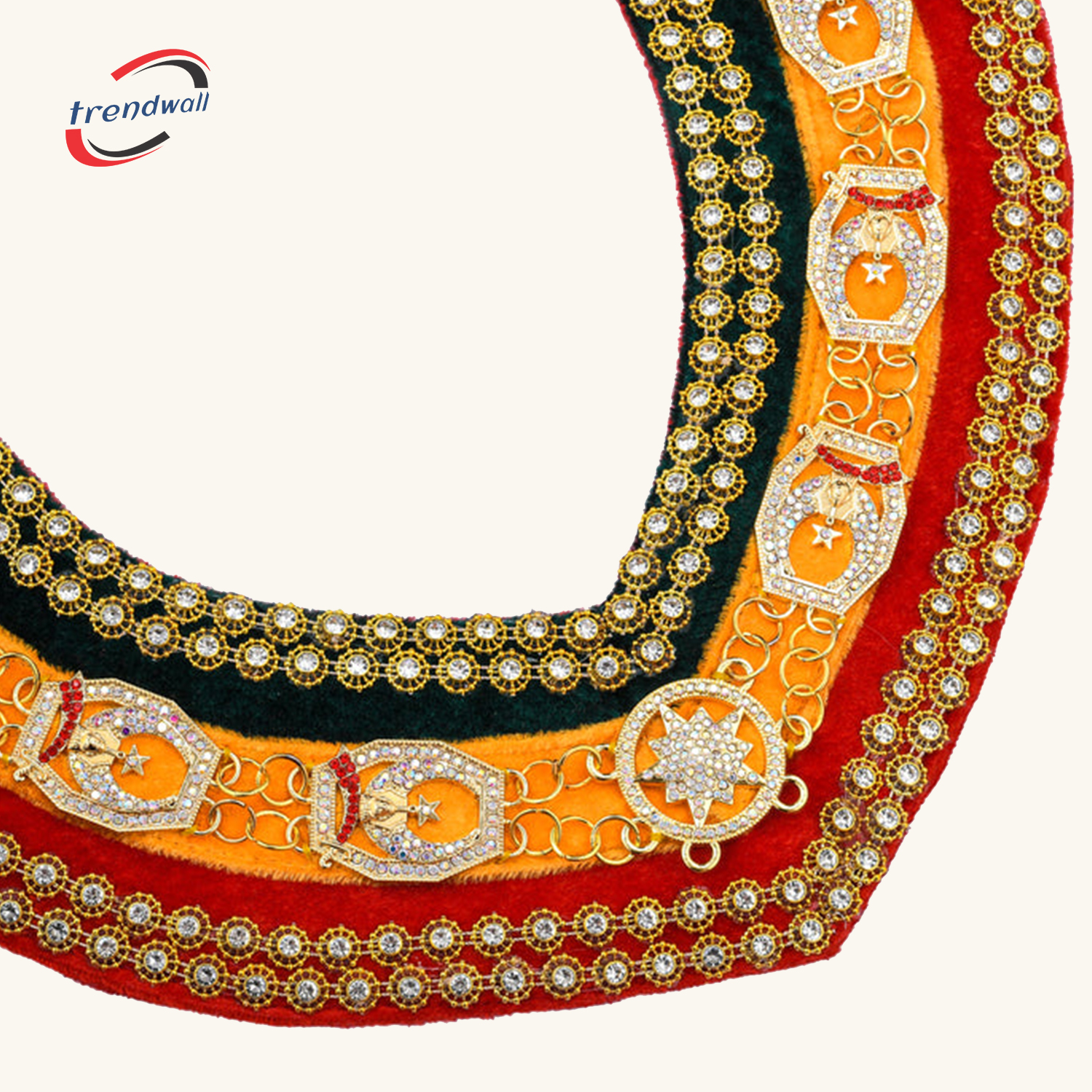 Shriners Chain Collar - Tricolor Backing with Gold Rhinestones