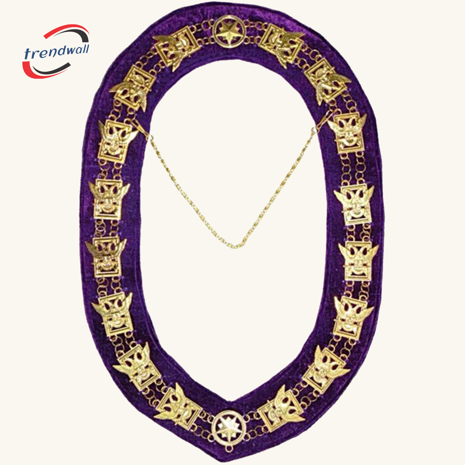 32nd Degree Scottish Rite Chain Collar - Wings Up Gold Plated with Purple Velvet