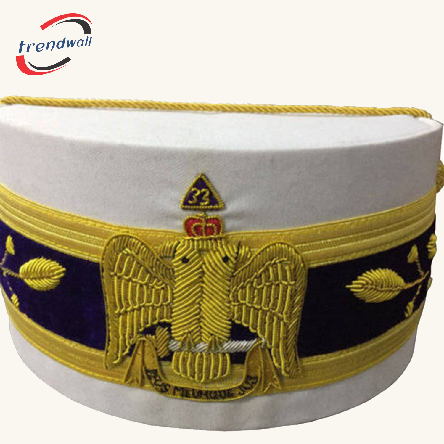 33rd Degree Scottish Rite Crown Cap, Wings Down White Hand Embroidered