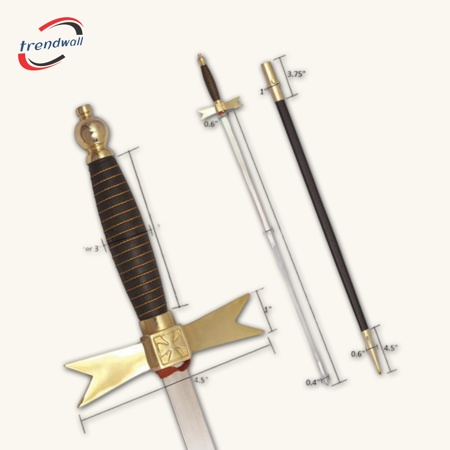 Knights Templar Commandery Sword with Black and Gold Hilt - Includes Matching Black Scabbard