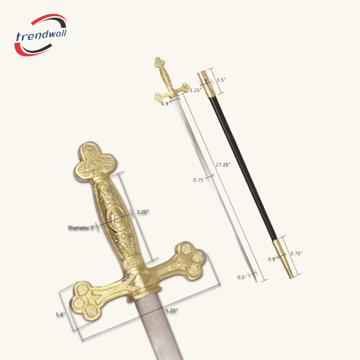 Fellowcraft Blue Lodge Sword - Square Compass with Golden Hilt 