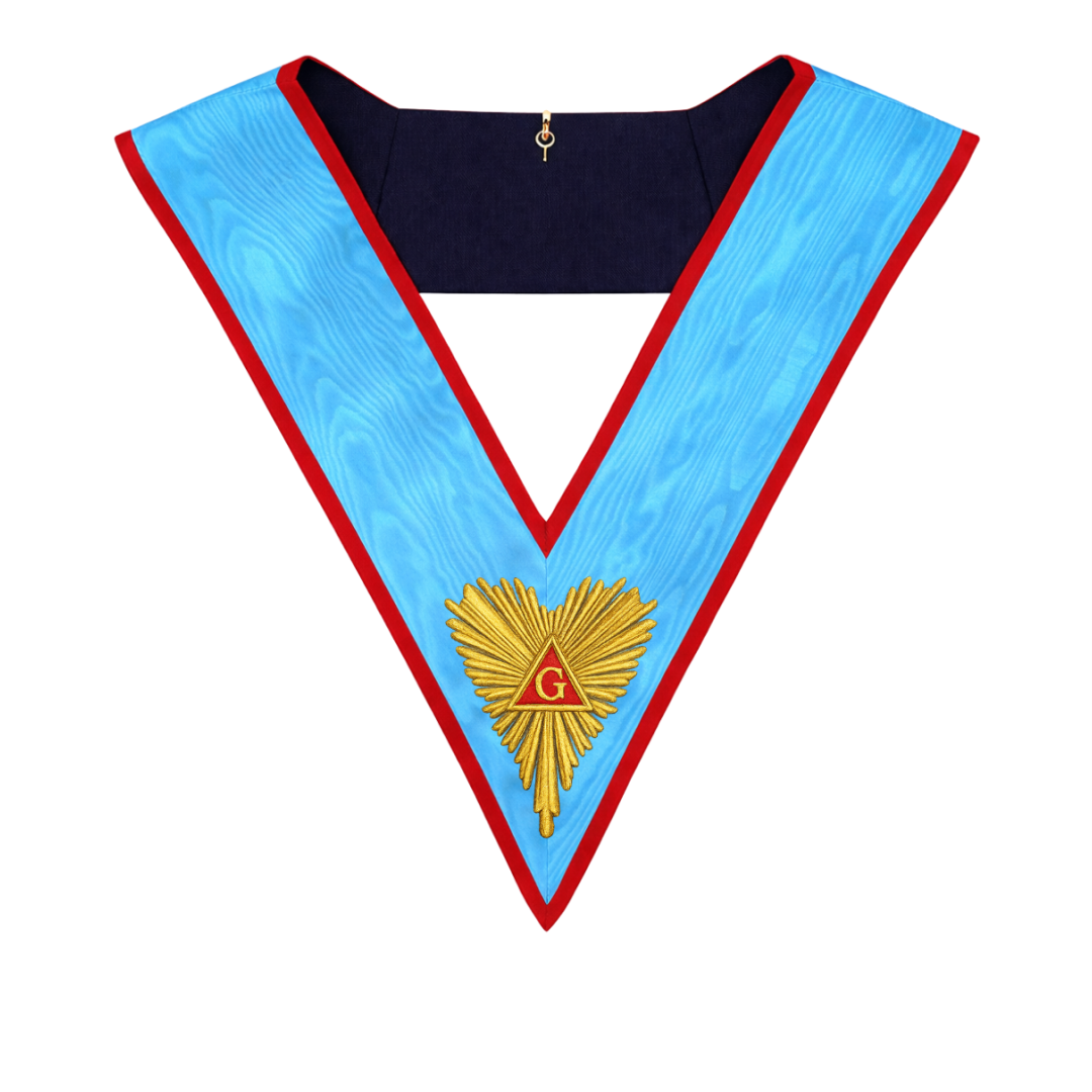 Officer Memphis Misraim French Regulation Collar in sky blue moiré, featuring fine hand embroidery for Masonic rituals.