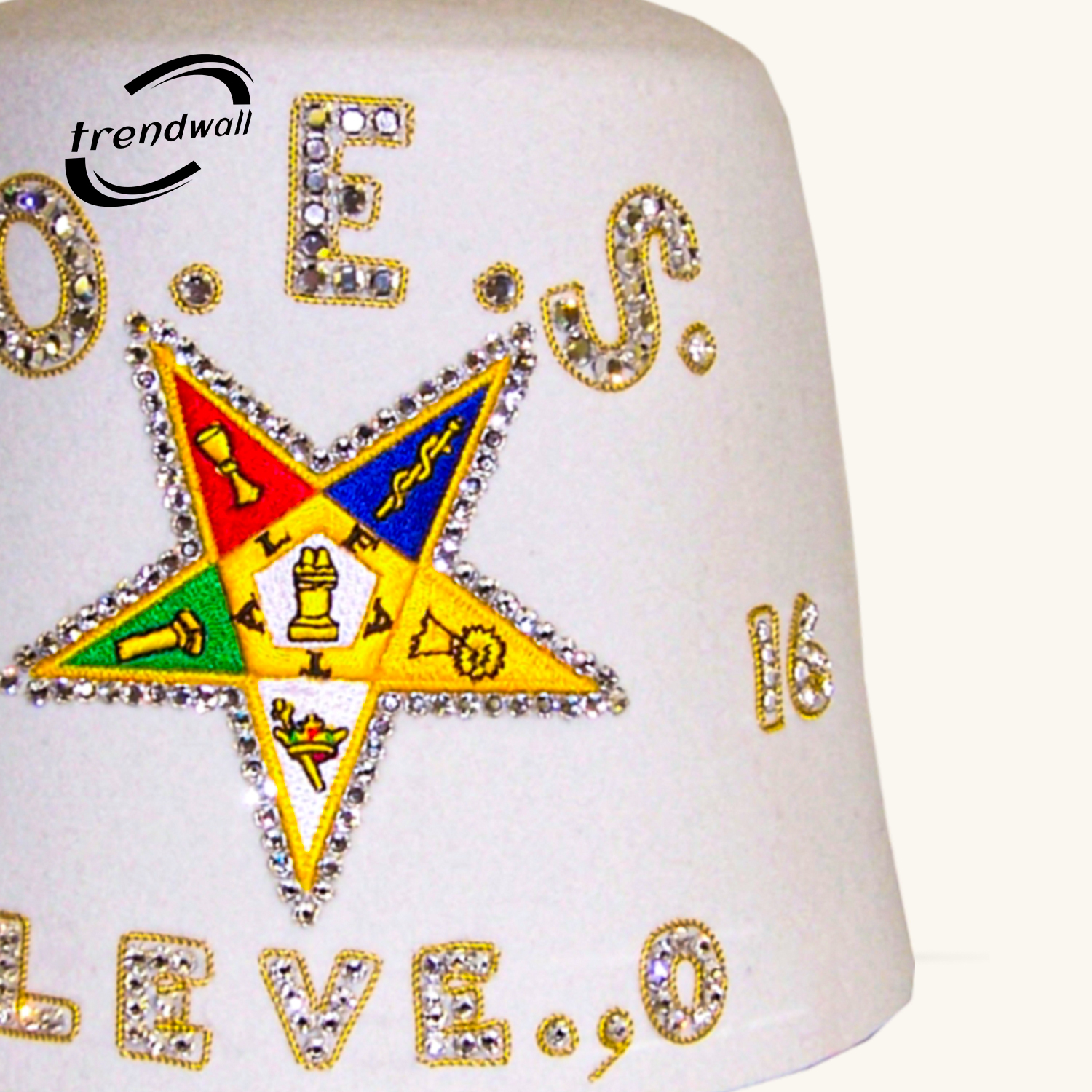 OES Pure White Fez with Bottom Custom Details & Rhinestone Star Border