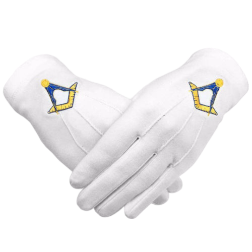 Master Mason Blue Lodge Gloves - Cotton, Yellow + Blue Square(Compass)
