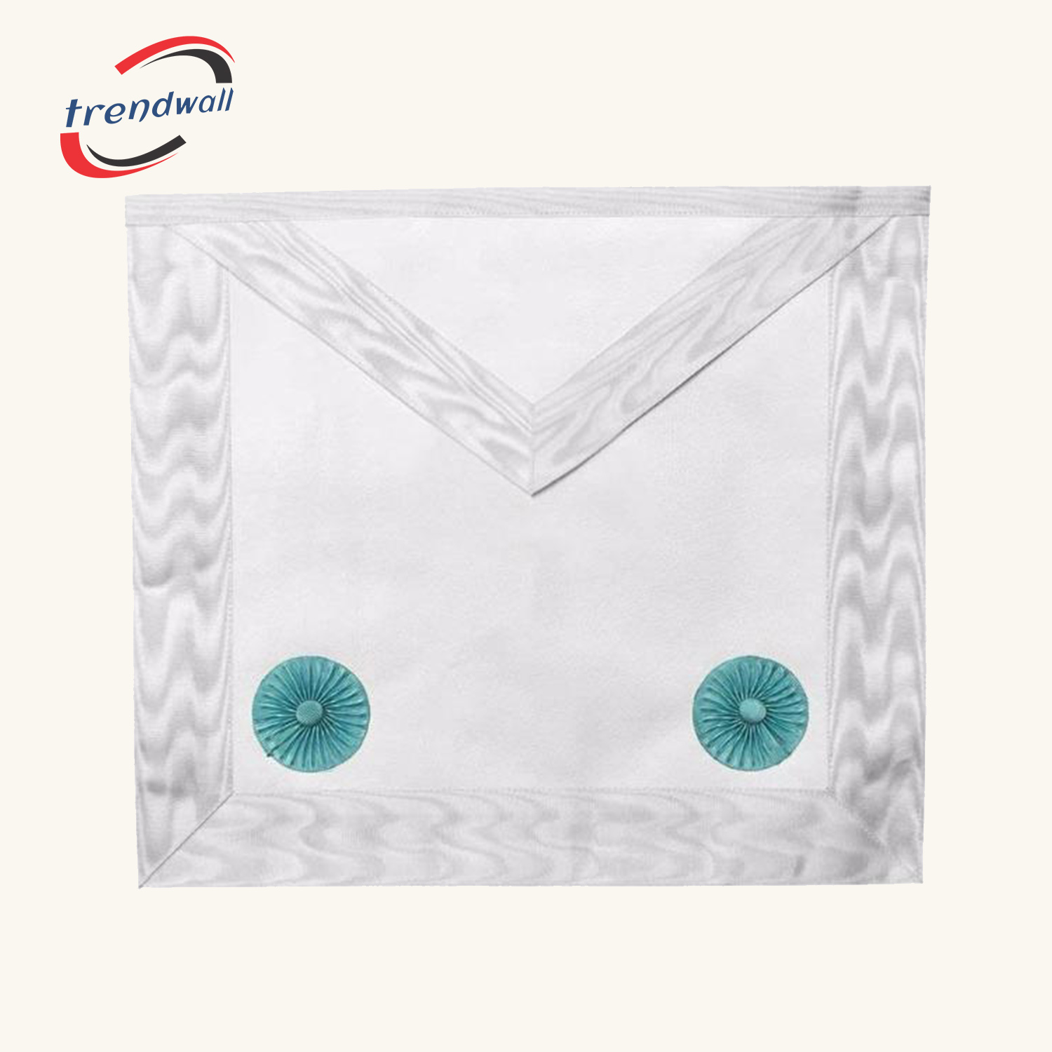 Fellowcraft Blue Lodge Apron - All White Moire+ Two Turquoise Rosettes