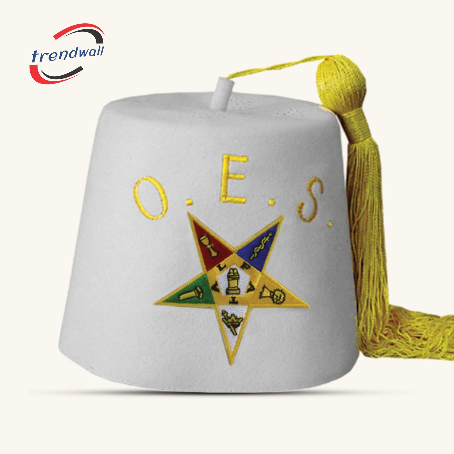 OES White Fez with Yellow Silk Hand Embroidery & Yellow Tassel