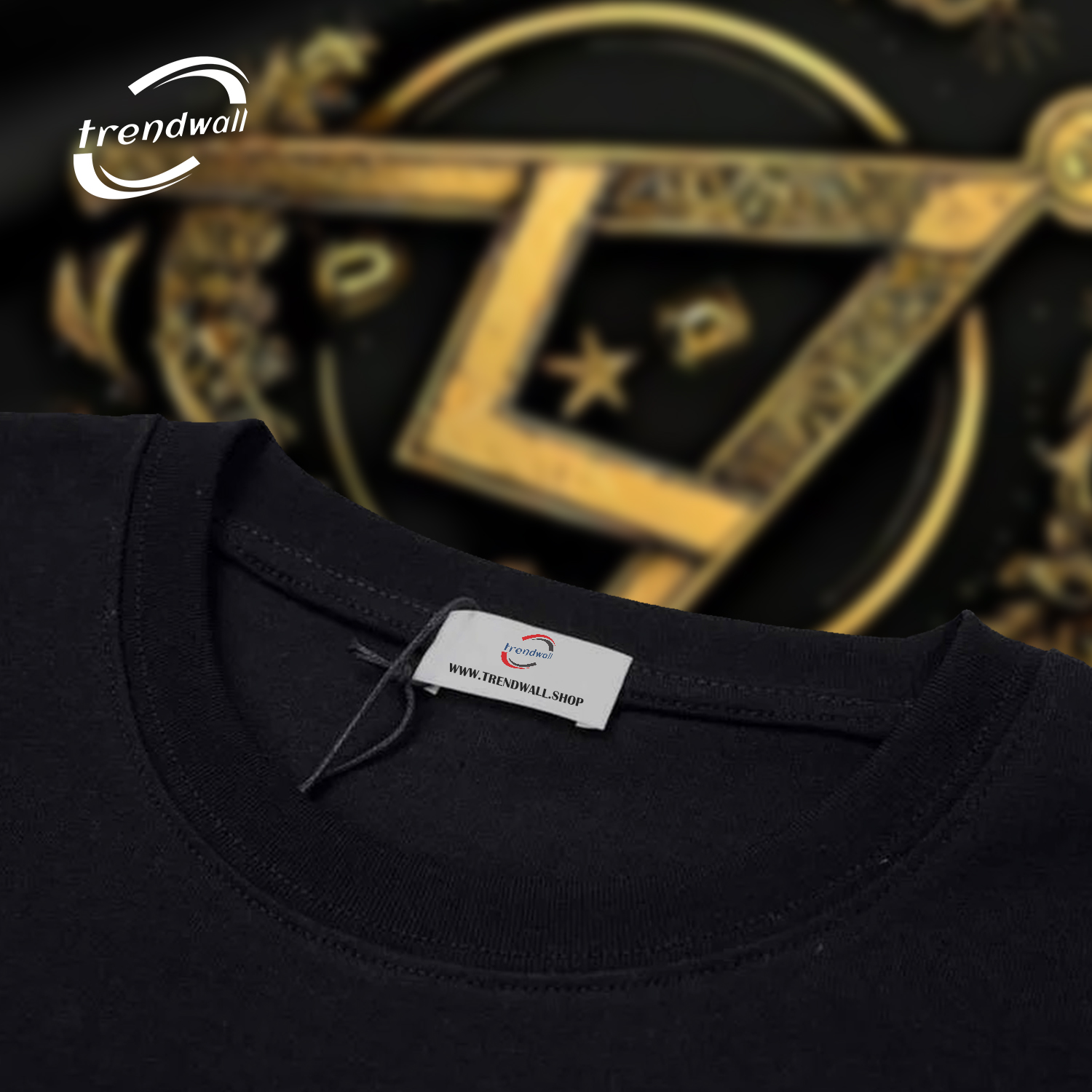 Black Masonic T-Shirt – Gold Compass & Square with All-Seeing Eye Design