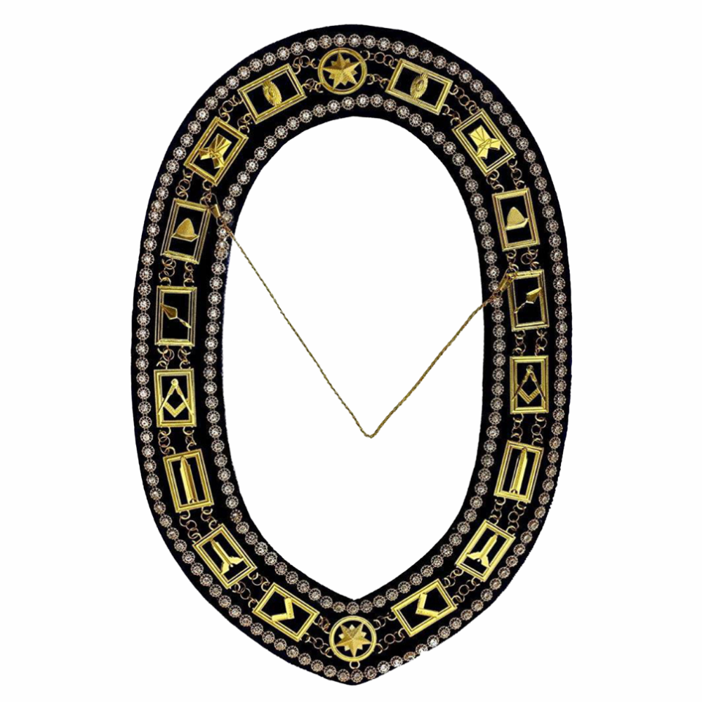 Blue Lodge Chain Collar Gold Plated on Black Velvet Rhinestones Braid