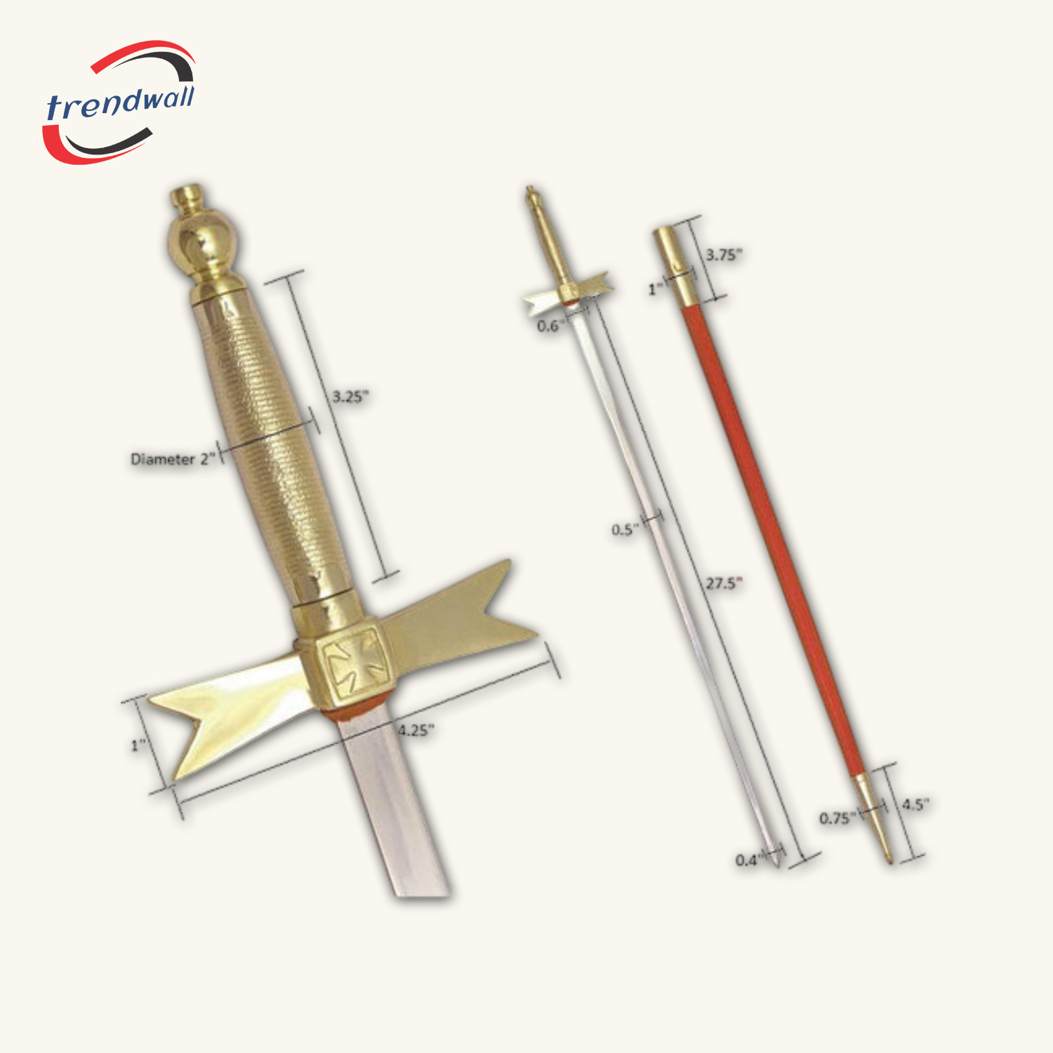 Knights Templar Commandery Sword - Gold Hilt with Red Scabbard