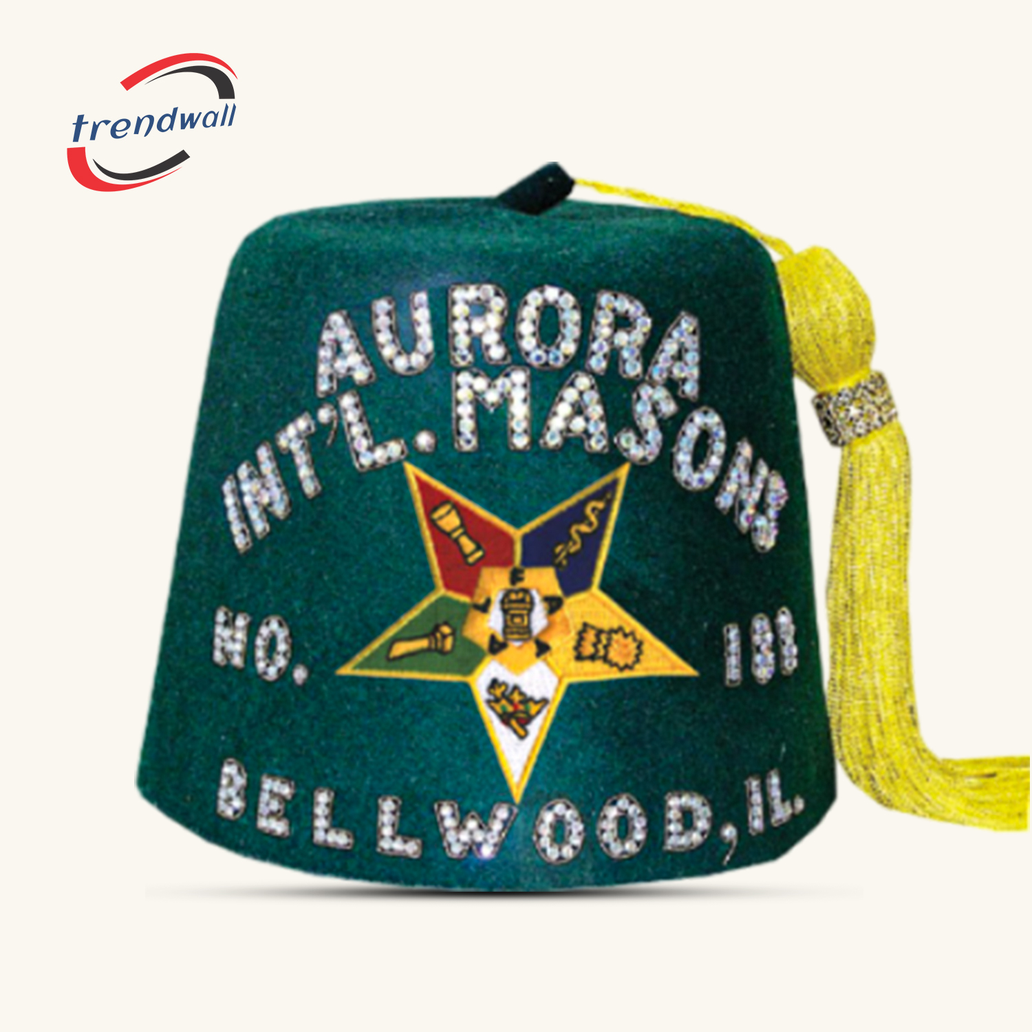 Masonic OES Green Fez with Custom Lodge Name in Rhinestone Work