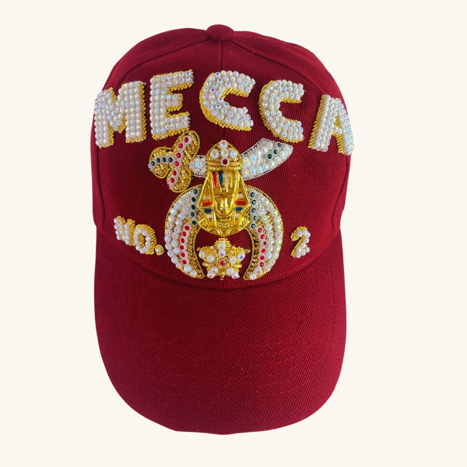 Masonic Shriners Baseball Cap – Triple Row Jewel Custom (MECCA) Temple Name with Side Emblems