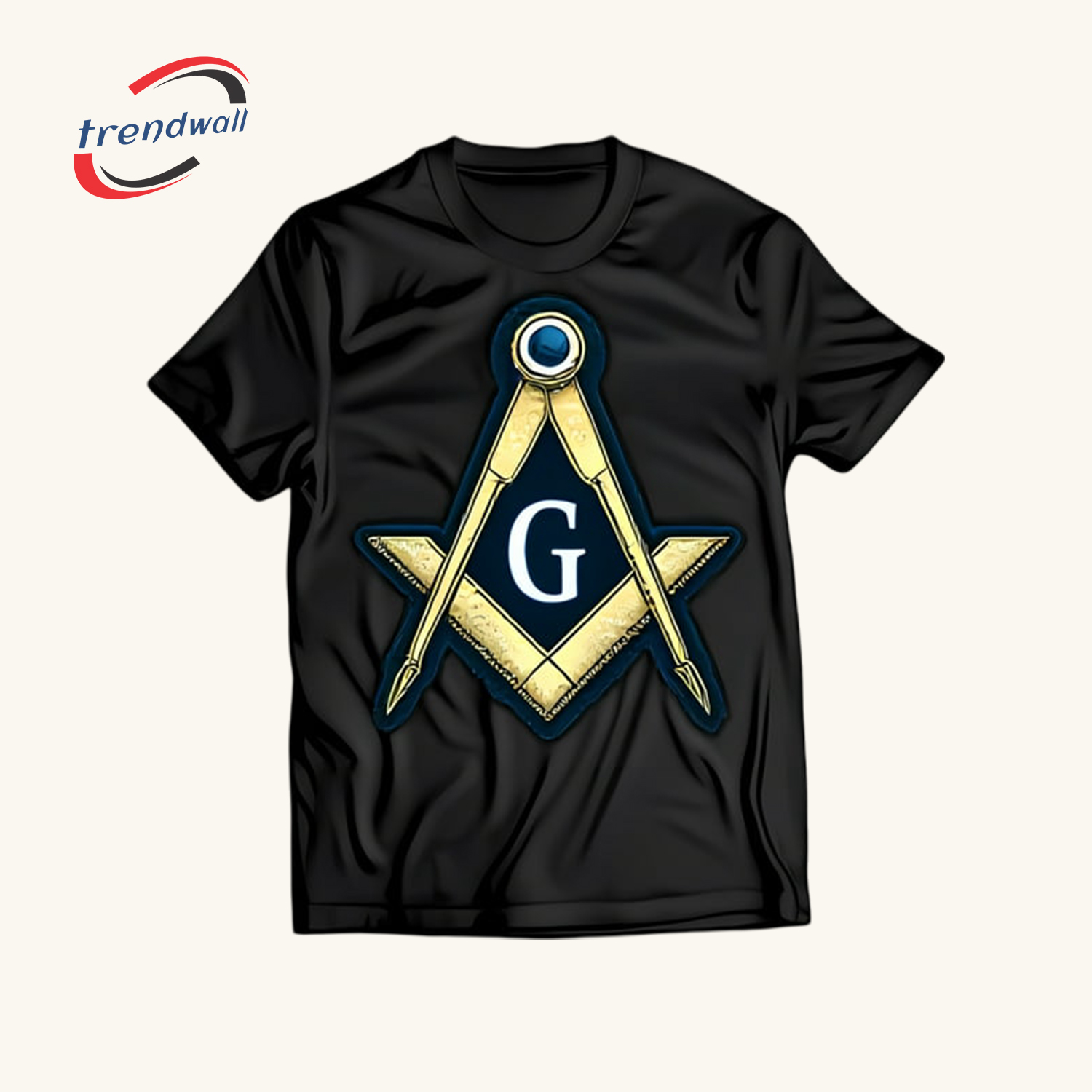 Black Masonic T-Shirt – Gold & Blue Square Symbol Graphic Design