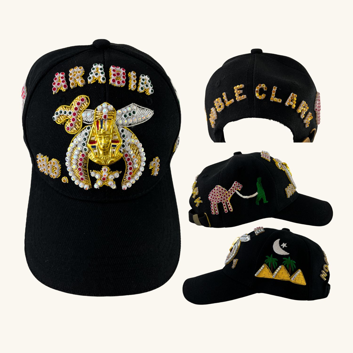 Masonic Shriners Baseball Cap – Black Color + Custom Temple Name With Side Emblems