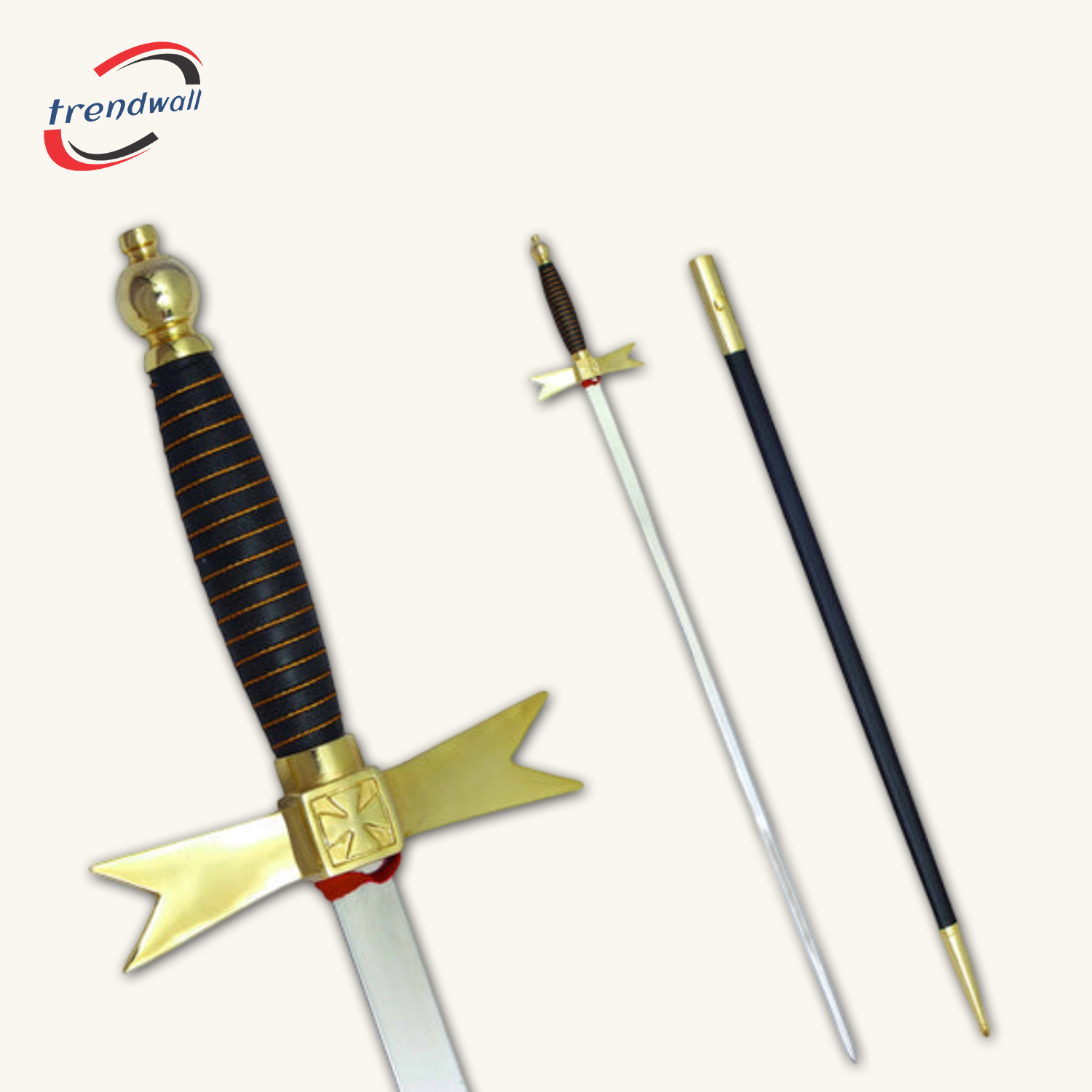 Knights Templar Commandery Sword with Black and Gold Hilt - Includes Matching Black Scabbard