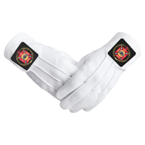 Knights Templar Commandery Gloves - White Cotton + Red & Black Emblem